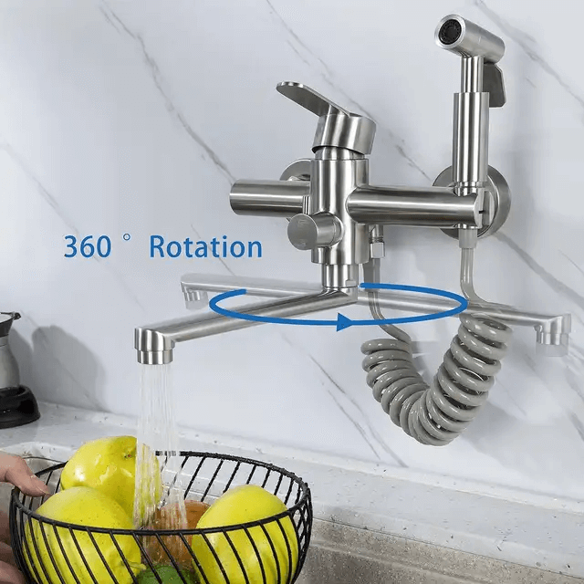Robinet cuisine mural avec douchette extractible en laiton